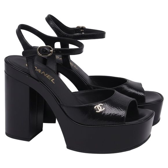 CHANEL Shoes - Chanel CC Ankle Strap Platform Sandals in Black Patent Leather